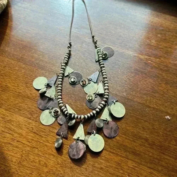 Vintage Leather, Metal and stone Necklace 22” - Picture 2 of 2